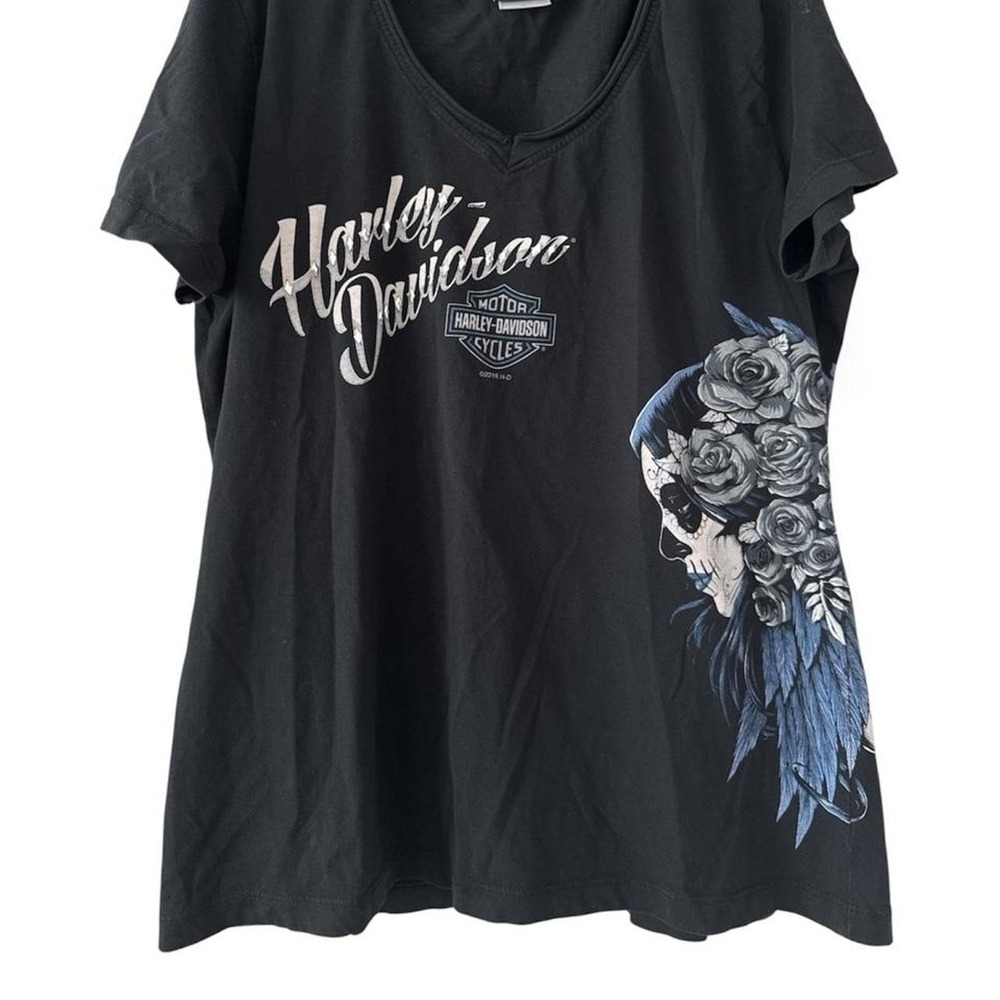 Y2K Harley-Davidson 2016 Skull Rose Graphic Tee XL Rhinestone Biker Moto Goth